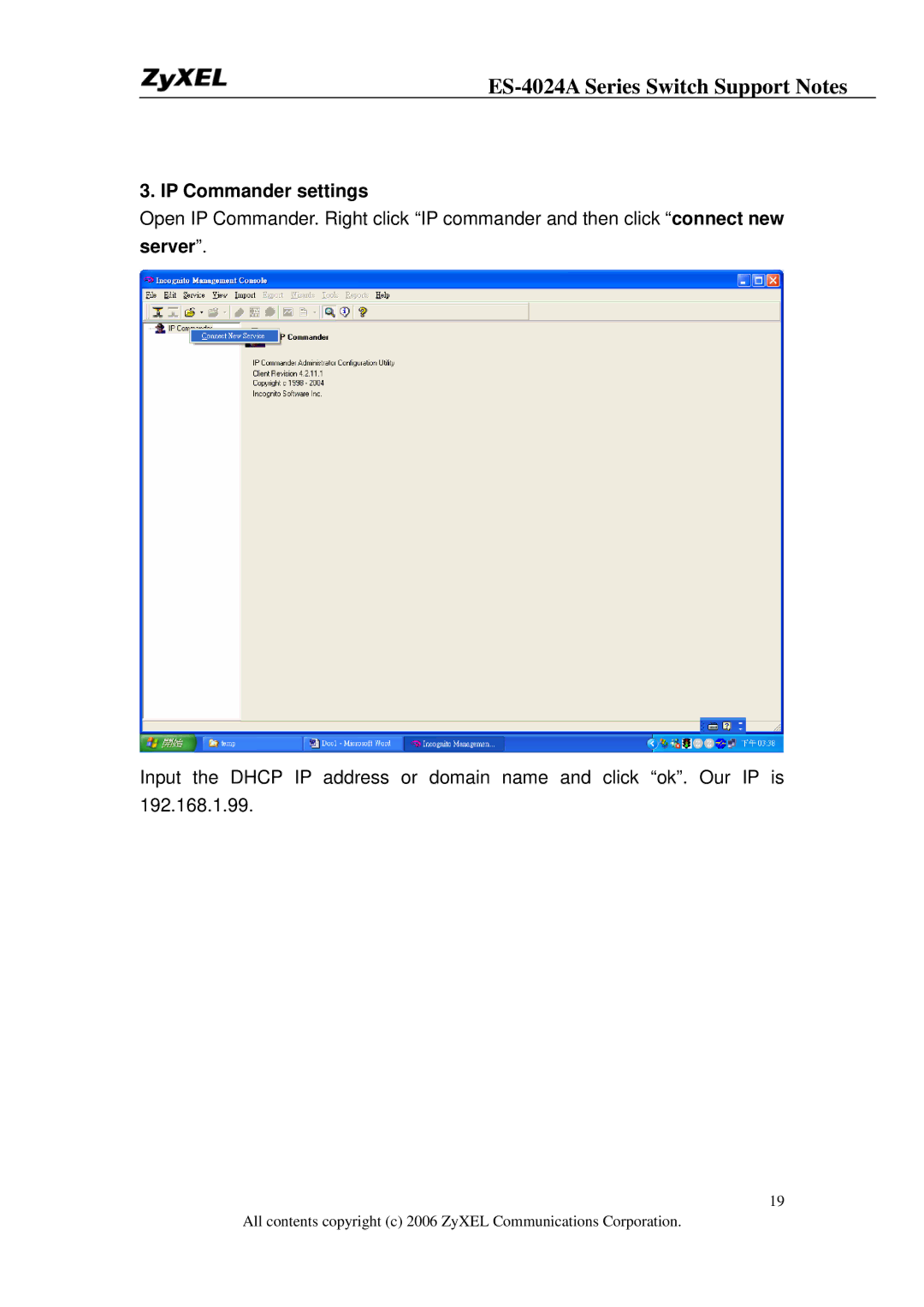 ZyXEL Communications ES-4024A manual IP Commander settings 