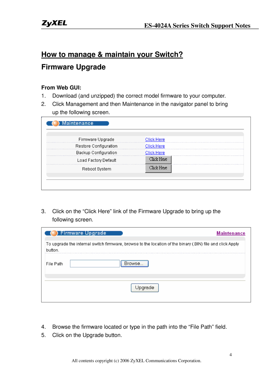 ZyXEL Communications ES-4024A manual How to manage & maintain your Switch? Firmware Upgrade, From Web GUI 