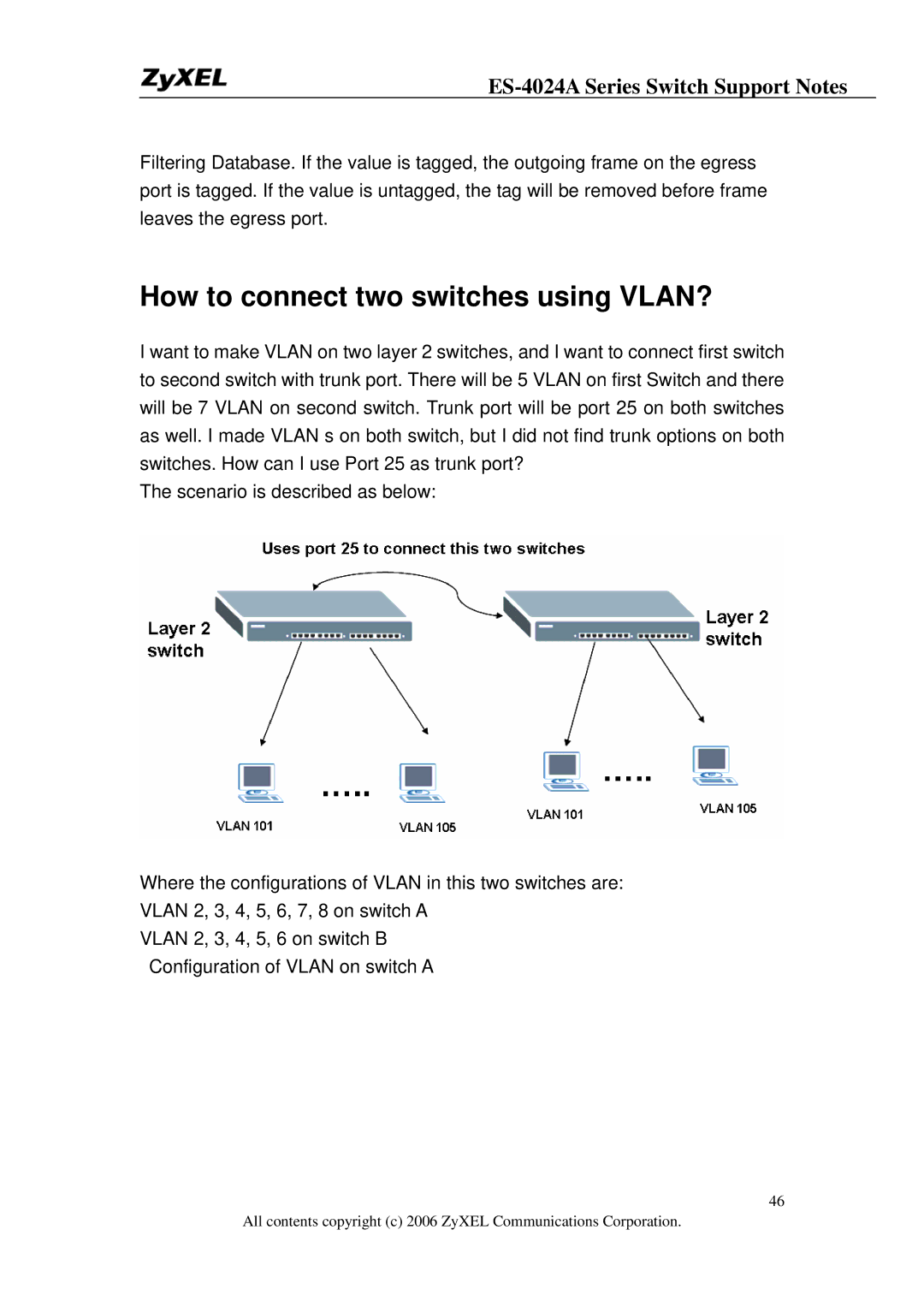 ZyXEL Communications ES-4024A manual How to connect two switches using VLAN? 