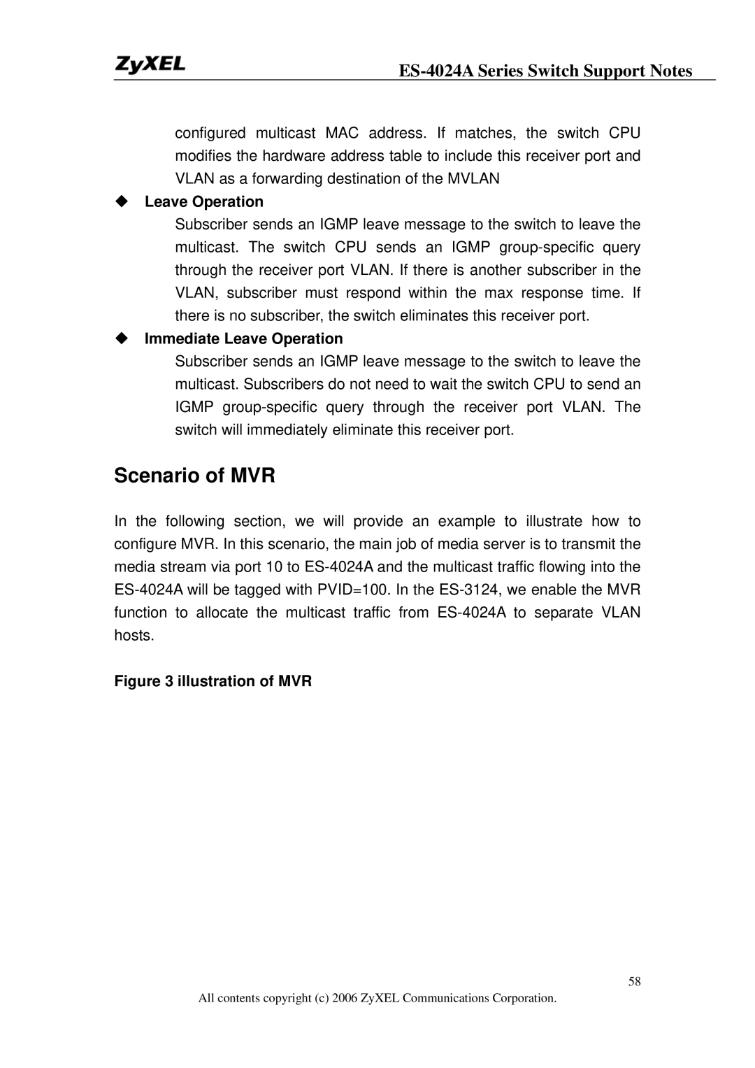 ZyXEL Communications ES-4024A manual Scenario of MVR, ‹ Leave Operation, ‹ Immediate Leave Operation 