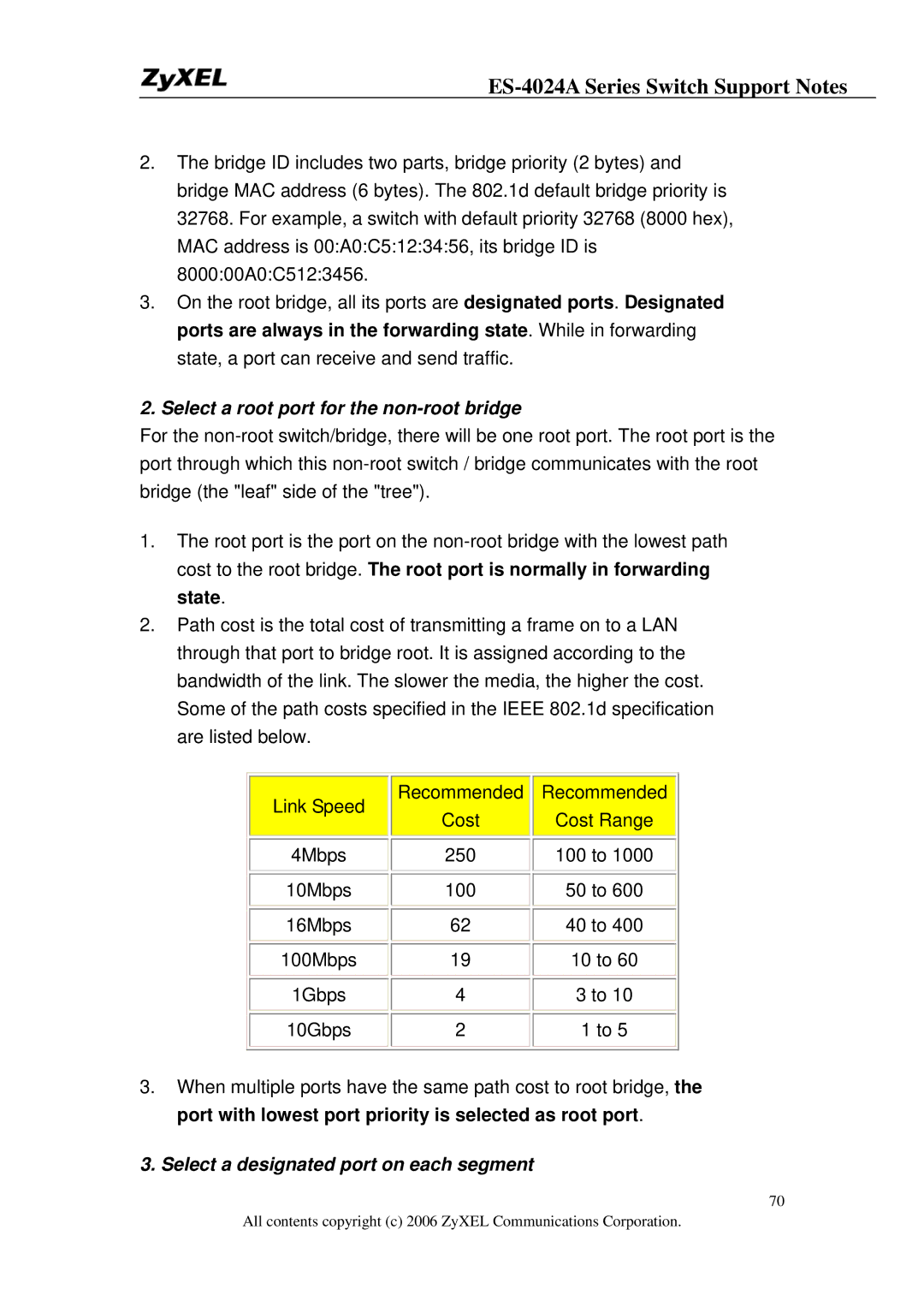 ZyXEL Communications ES-4024A manual Select a designated port on each segment 