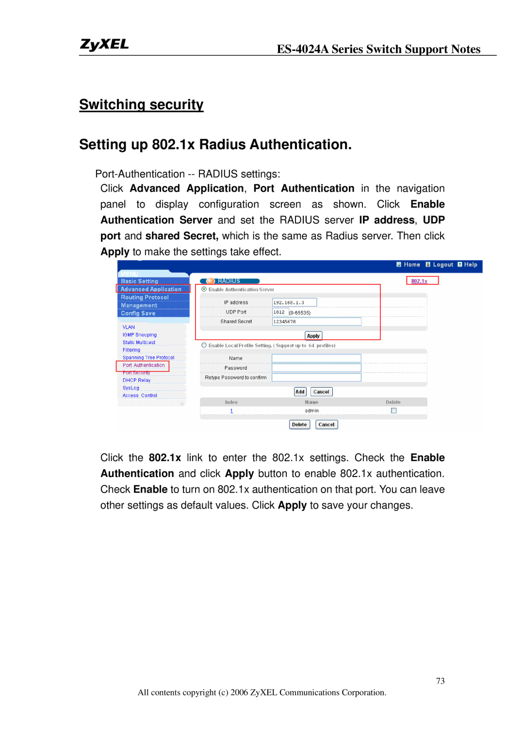 ZyXEL Communications ES-4024A manual Switching security Setting up 802.1x Radius Authentication 