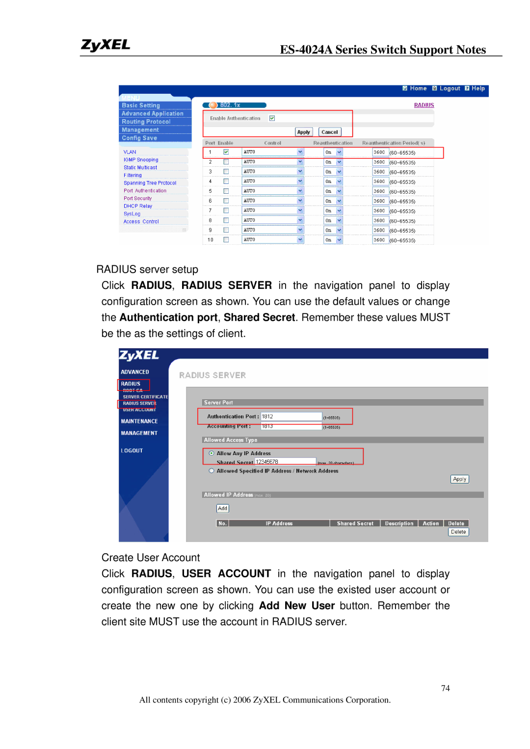 ZyXEL Communications manual ES-4024A Series Switch Support Notes 