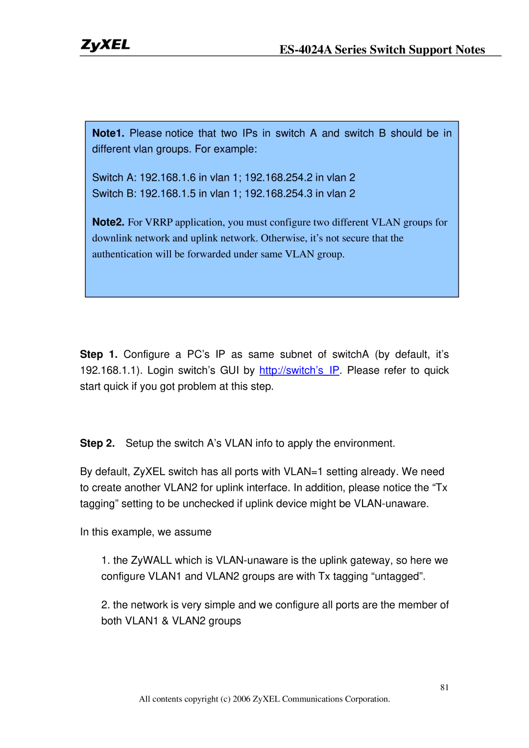 ZyXEL Communications manual ES-4024A Series Switch Support Notes 