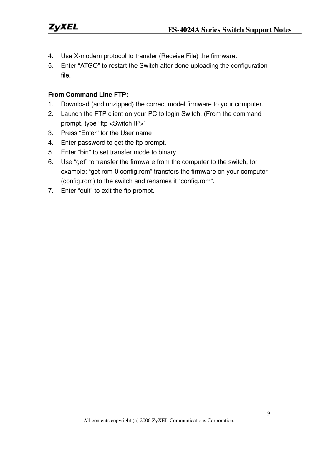 ZyXEL Communications manual ES-4024A Series Switch Support Notes 