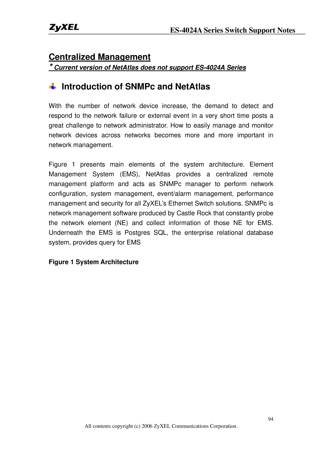 ZyXEL Communications ES-4024A manual Centralized Management, Introduction of SNMPc and NetAtlas 