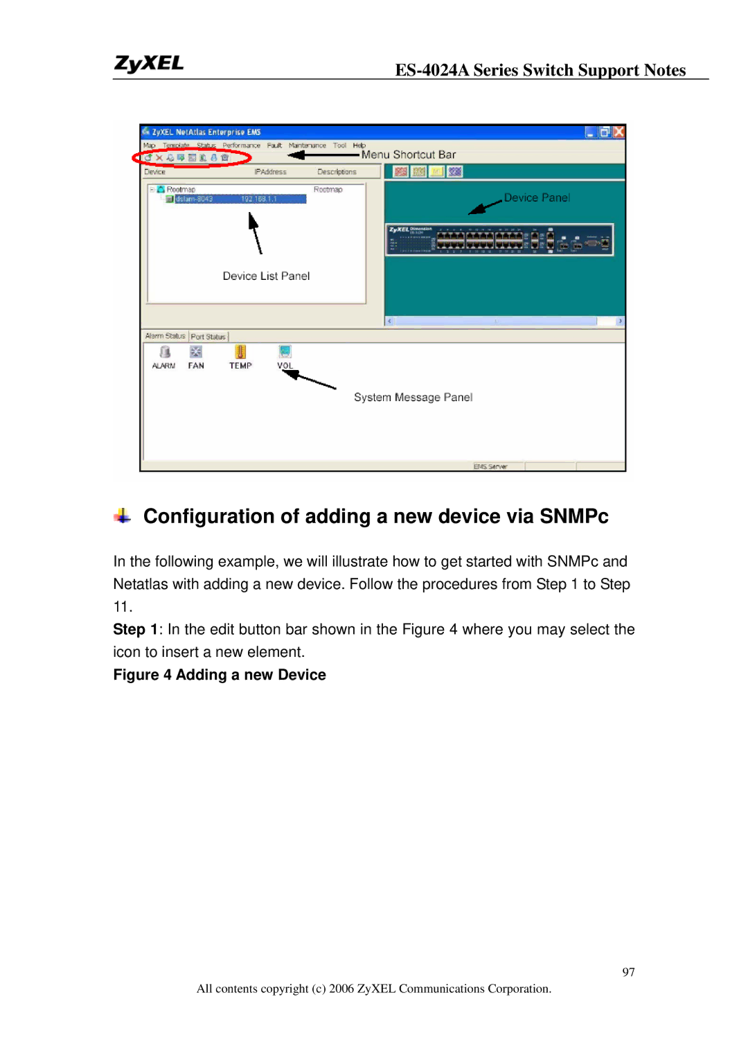 ZyXEL Communications ES-4024A manual Configuration of adding a new device via SNMPc, Adding a new Device 