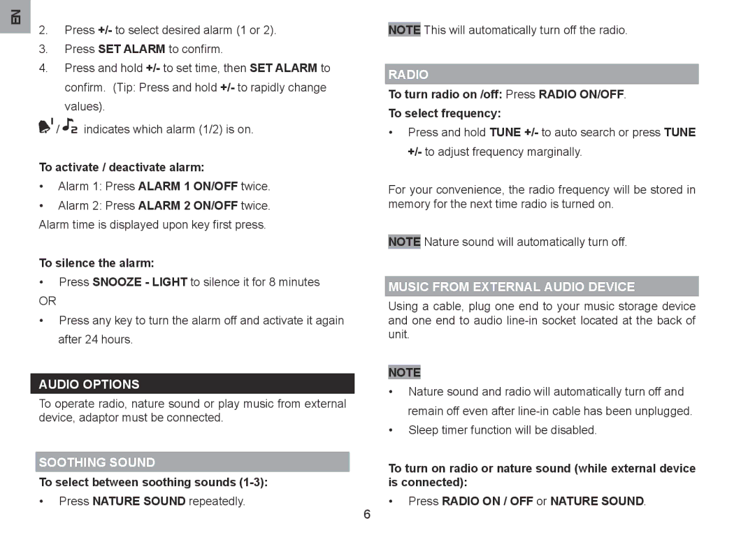 ZyXEL Communications EW103U/A To activate / deactivate alarm, To silence the alarm, To select between soothing sounds 