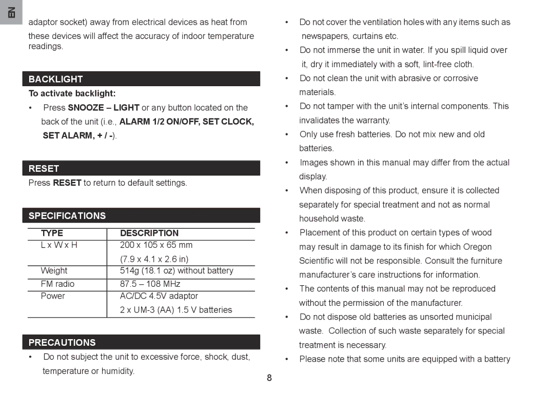 ZyXEL Communications EW103U/A user manual Backlight, Specifications, Precautions 