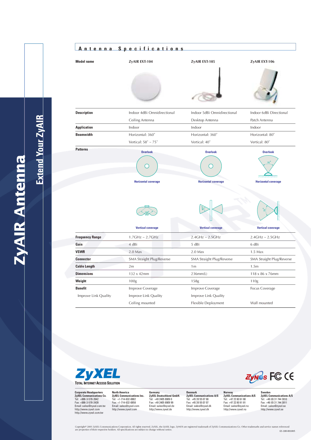 ZyXEL Communications EXT-105, EXT-104, EXT-106 manual T e n n a Specification s, Description 