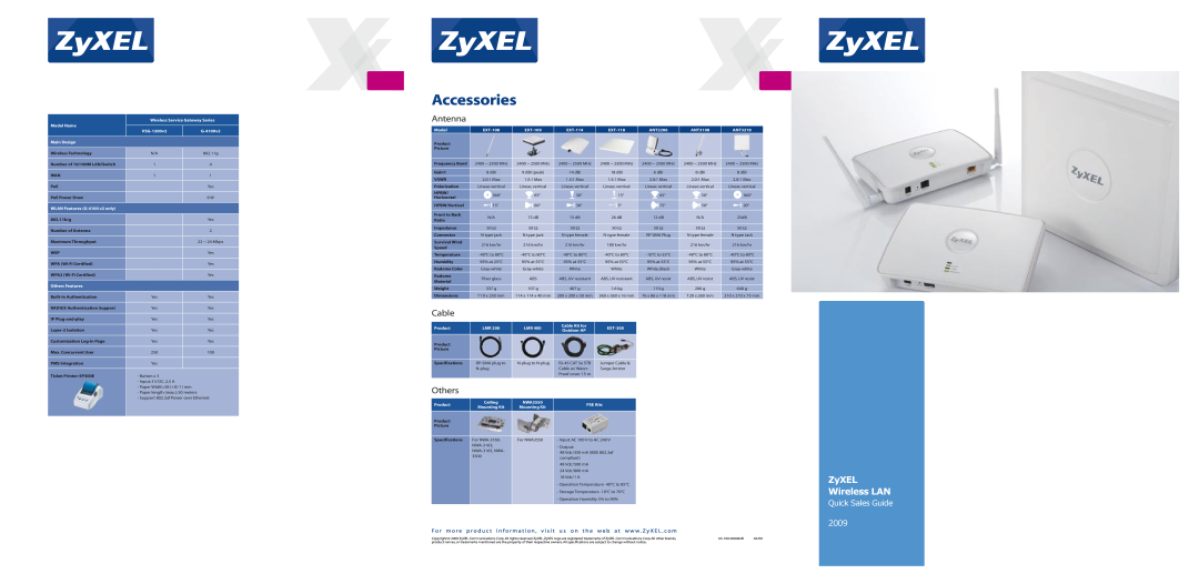 ZyXEL Communications EXT-109, EXT-118 specifications Accessories, Antenna, Cable, Others, ZyXEL Wireless LAN, 2009, 50 Ω 