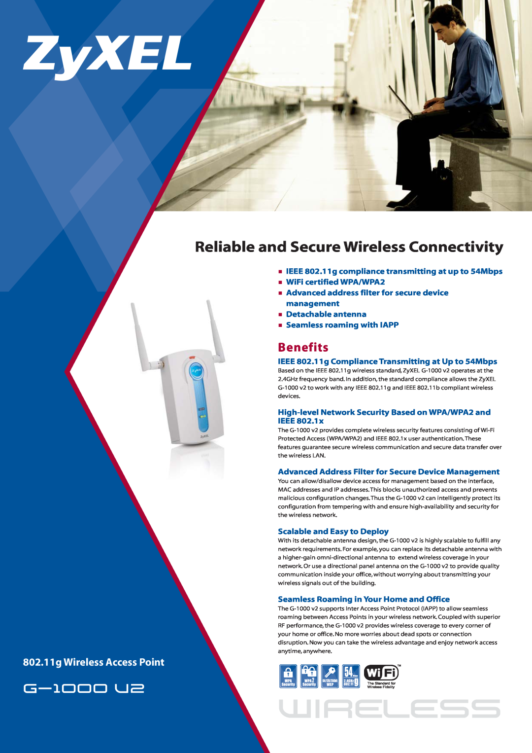 ZyXEL Communications G-1000 U2 manual Benefits, wireless, Reliable and Secure Wireless Connectivity, g-1000v2 