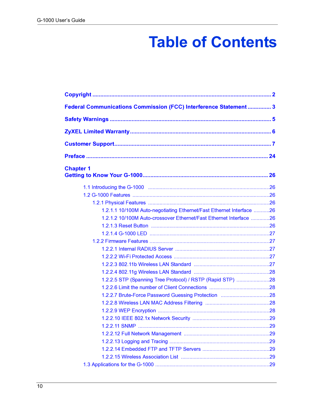 ZyXEL Communications G-1000 manual Table of Contents 