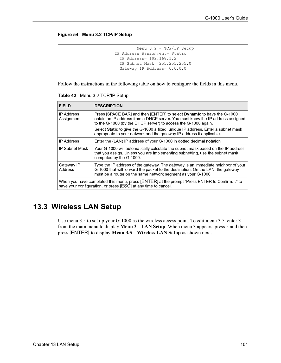 ZyXEL Communications G-1000 manual Wireless LAN Setup, Menu 3.2 TCP/IP Setup, LAN Setup 101 