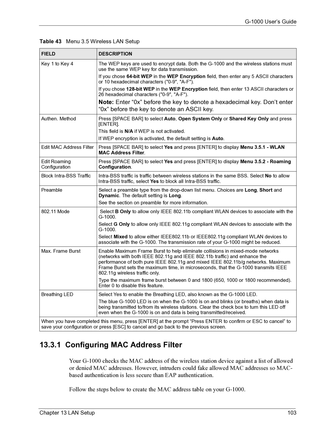 ZyXEL Communications G-1000 manual Configuring MAC Address Filter, LAN Setup 103 