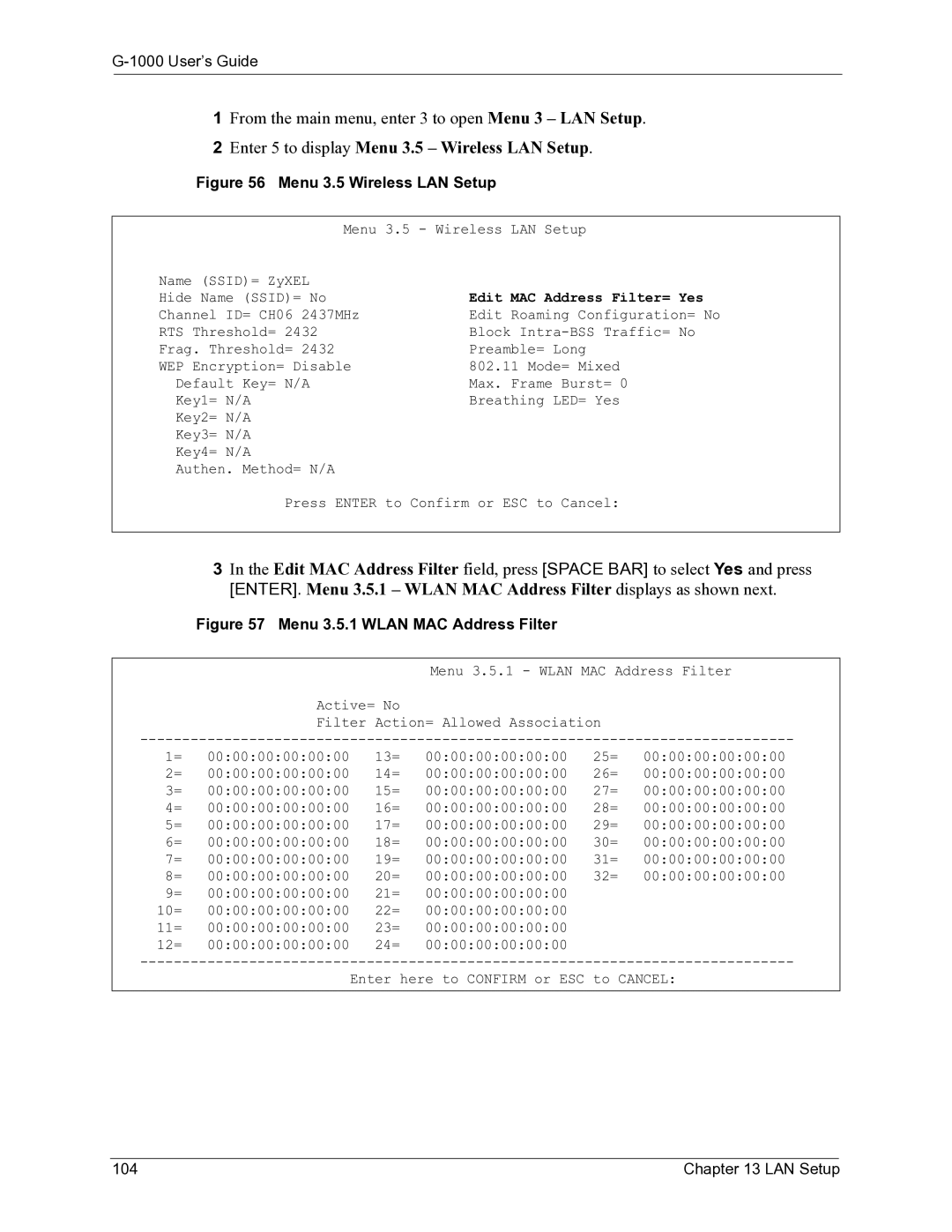 ZyXEL Communications G-1000 manual Enter 5 to display Menu 3.5 Wireless LAN Setup 