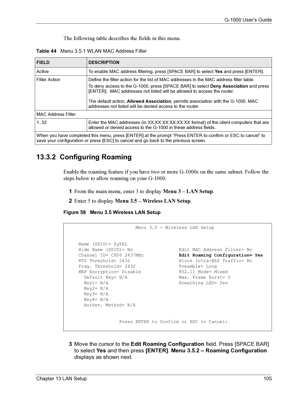 ZyXEL Communications G-1000 manual Configuring Roaming, Menu 3.5.1 Wlan MAC Address Filter, LAN Setup 105 