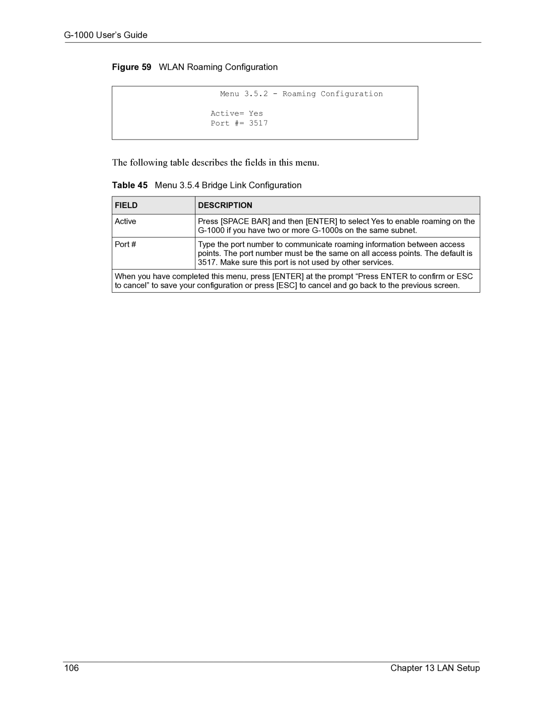 ZyXEL Communications G-1000 manual Menu 3.5.4 Bridge Link Configuration, LAN Setup, Field 