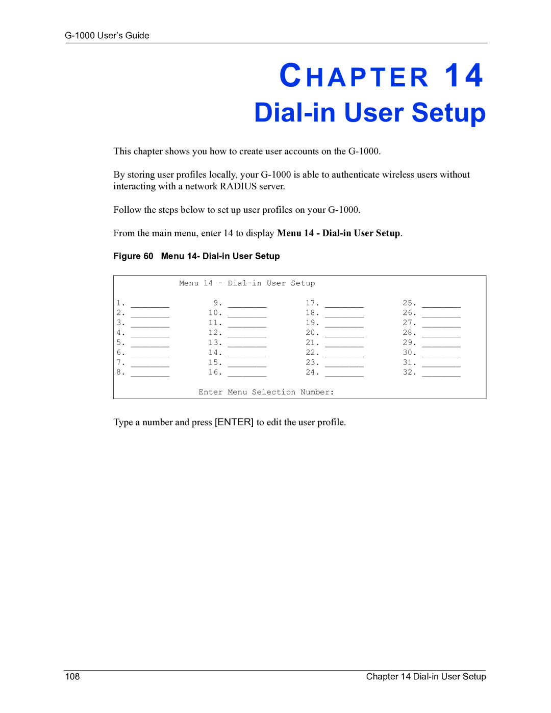 ZyXEL Communications G-1000 manual Dial-in User Setup 