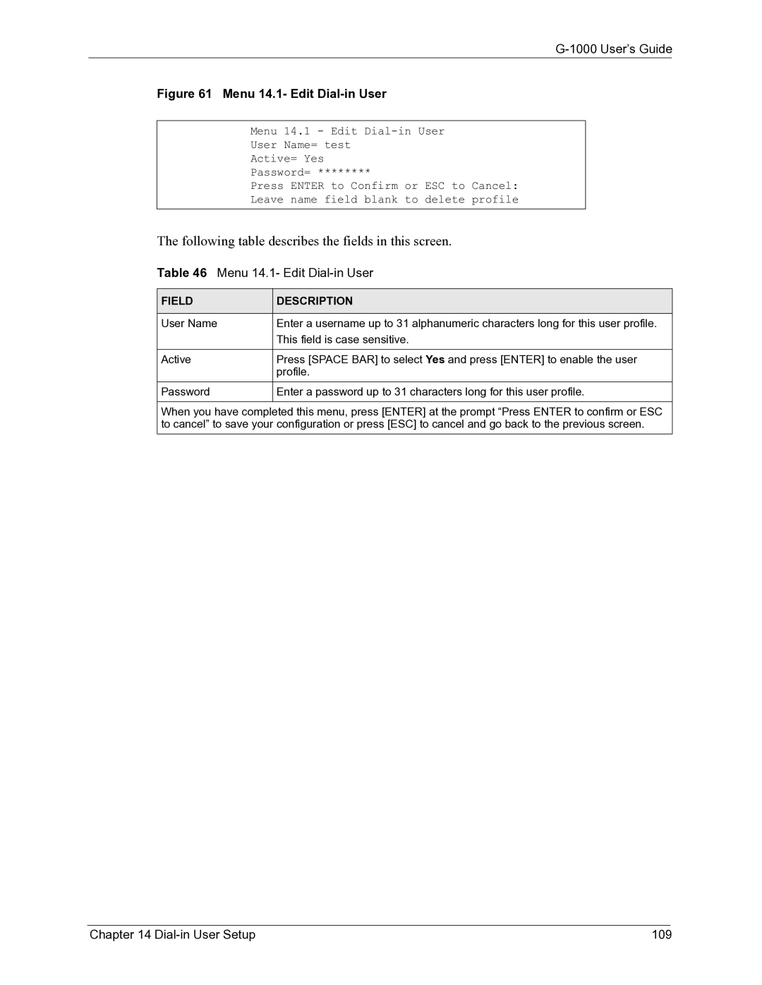 ZyXEL Communications G-1000 manual Menu 14.1- Edit Dial-in User, Dial-in User Setup 109 