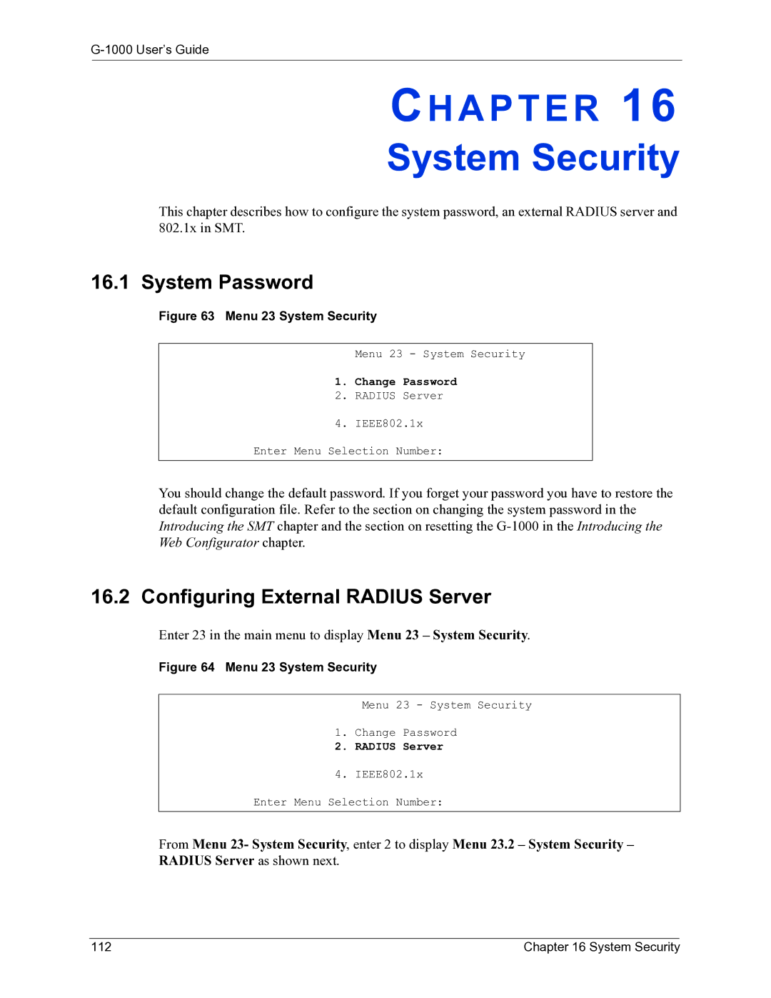 ZyXEL Communications G-1000 manual System Security, System Password, Configuring External Radius Server 