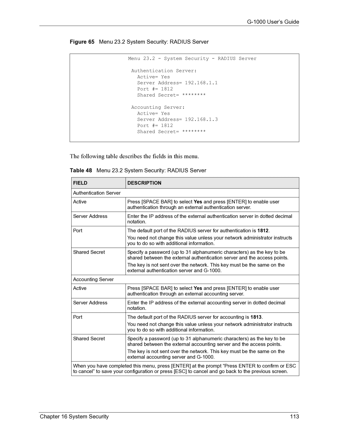 ZyXEL Communications G-1000 manual Menu 23.2 System Security Radius Server, System Security 113 
