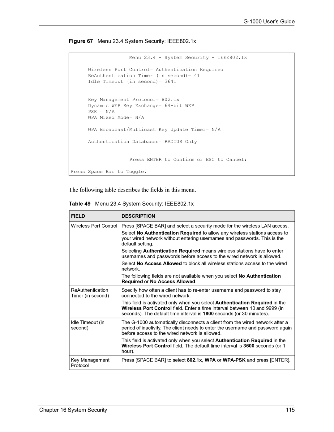 ZyXEL Communications G-1000 manual Menu 23.4 System Security IEEE802.1x, System Security 115 