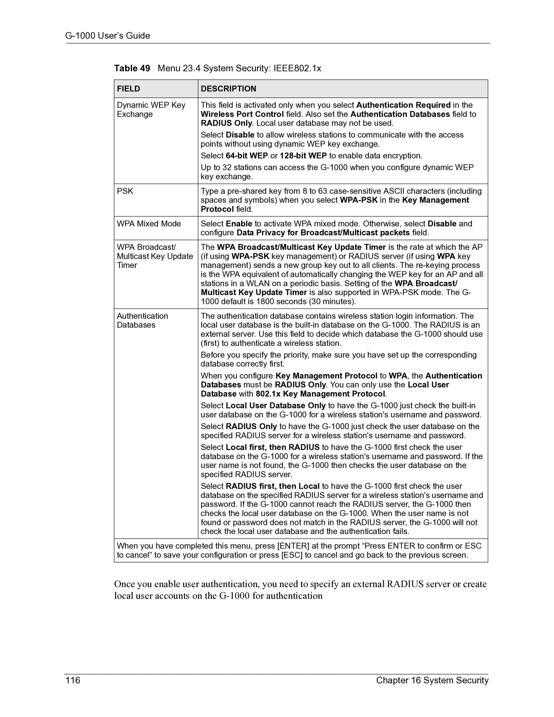 ZyXEL Communications G-1000 manual User’s Guide Menu 23.4 System Security IEEE802.1x 