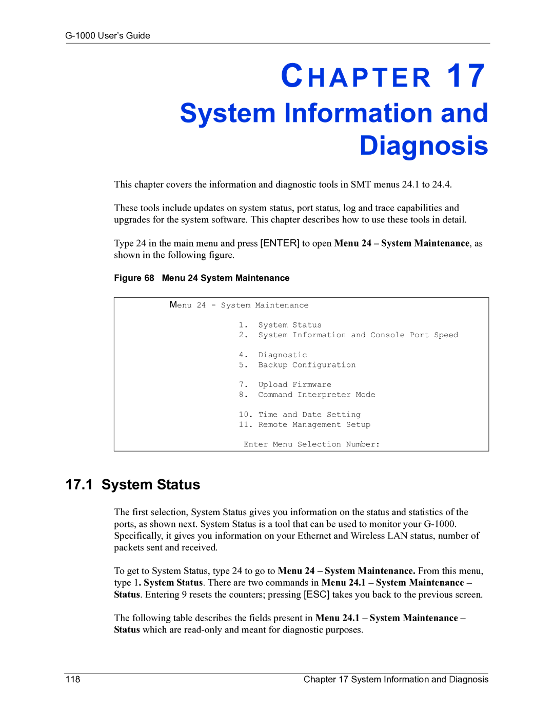 ZyXEL Communications G-1000 manual System Information Diagnosis, System Status, System Information and Diagnosis 