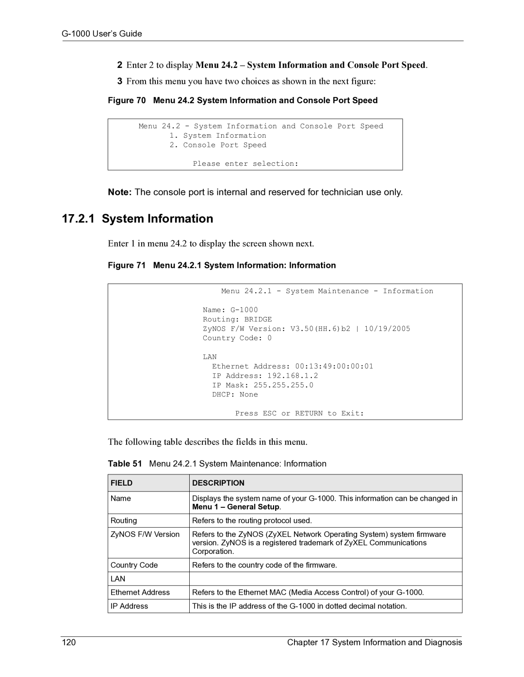 ZyXEL Communications G-1000 manual System Information, Menu 24.2.1 System Maintenance Information 