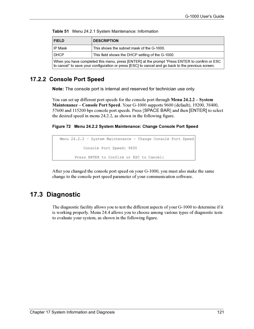 ZyXEL Communications G-1000 manual Diagnostic, Console Port Speed, User’s Guide Menu 24.2.1 System Maintenance Information 