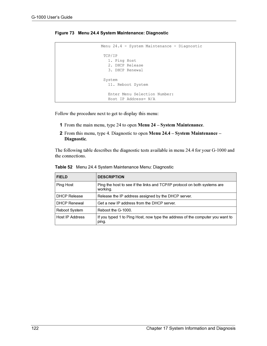 ZyXEL Communications G-1000 manual Menu 24.4 System Maintenance Menu Diagnostic, System Information and Diagnosis 