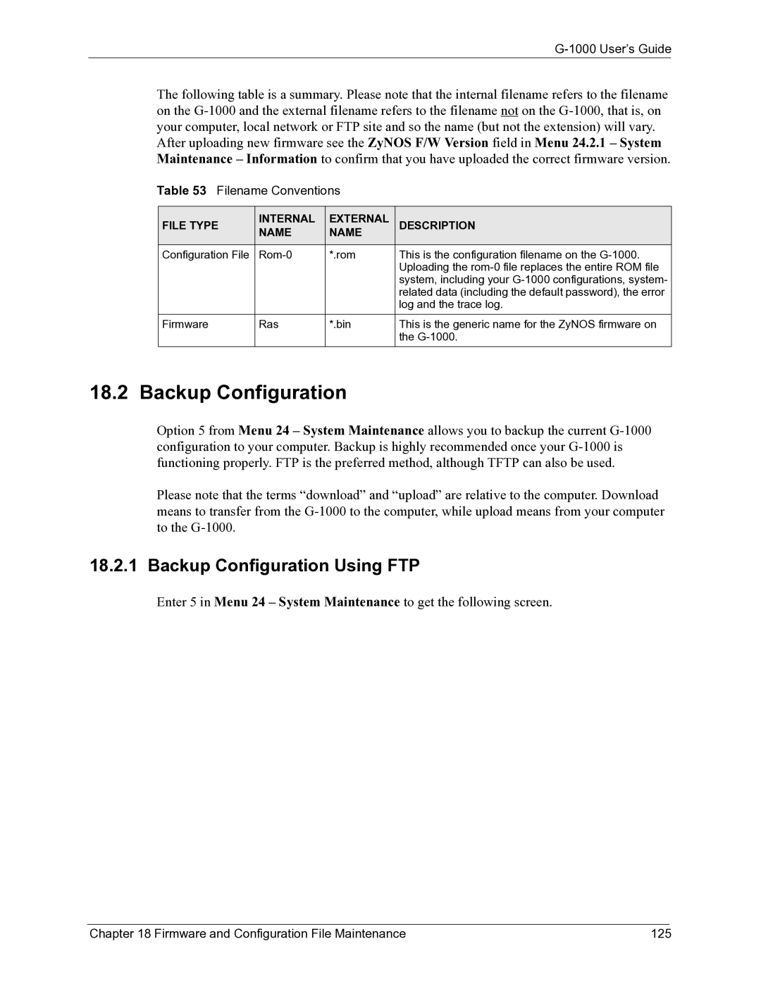 ZyXEL Communications G-1000 manual Backup Configuration Using FTP, Filename Conventions 