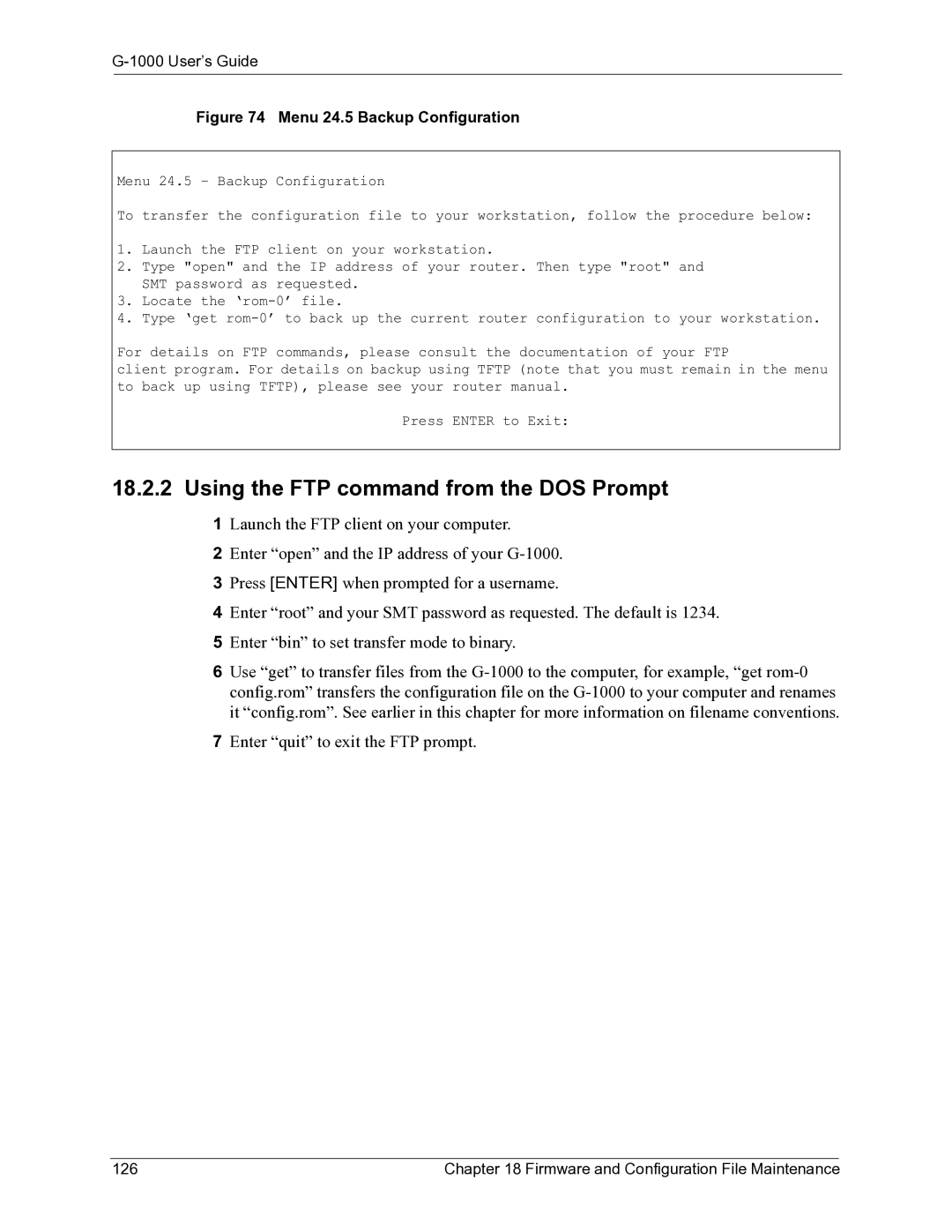 ZyXEL Communications G-1000 manual Using the FTP command from the DOS Prompt, Firmware and Configuration File Maintenance 