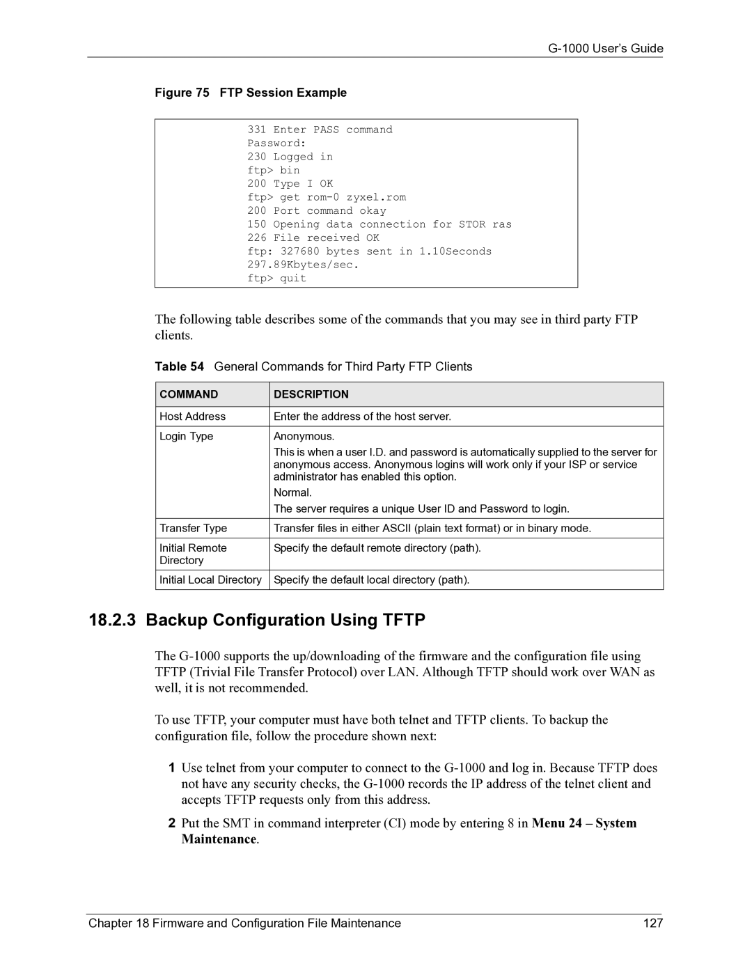 ZyXEL Communications G-1000 manual Backup Configuration Using Tftp, General Commands for Third Party FTP Clients 