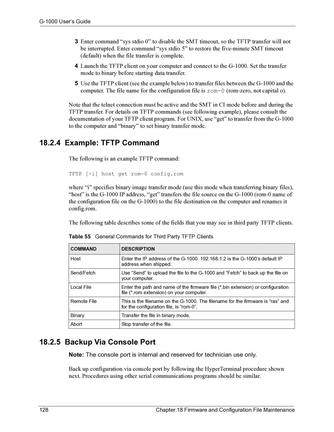 ZyXEL Communications G-1000 Example Tftp Command, Backup Via Console Port, General Commands for Third Party Tftp Clients 