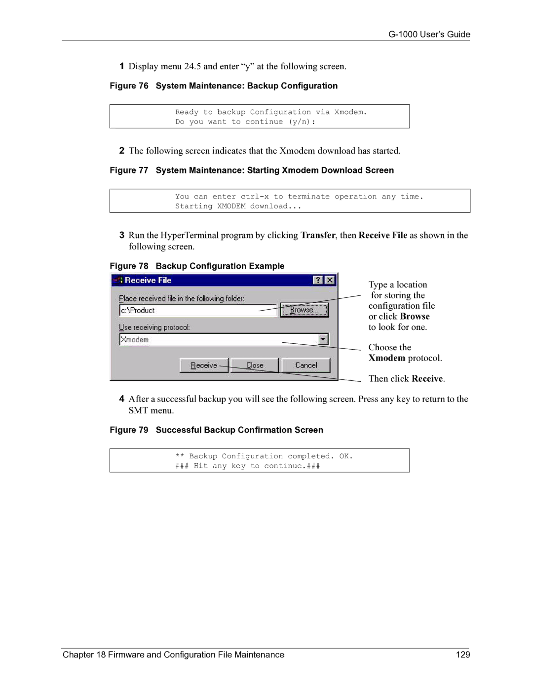 ZyXEL Communications G-1000 manual System Maintenance Backup Configuration, Firmware and Configuration File Maintenance 129 