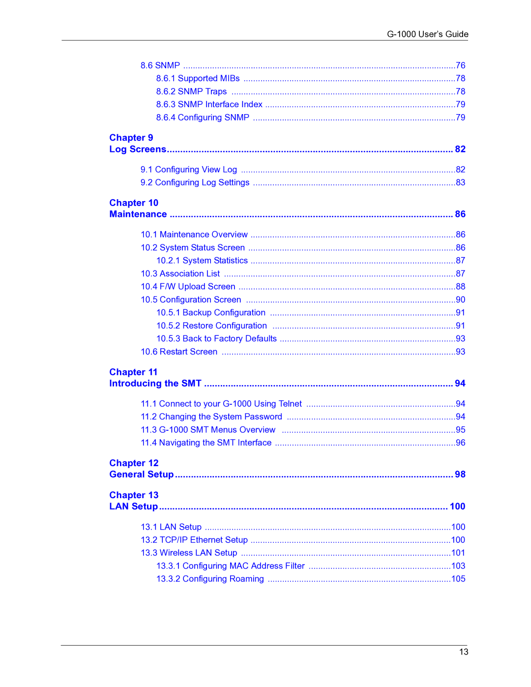 ZyXEL Communications G-1000 manual LAN Setup 100 