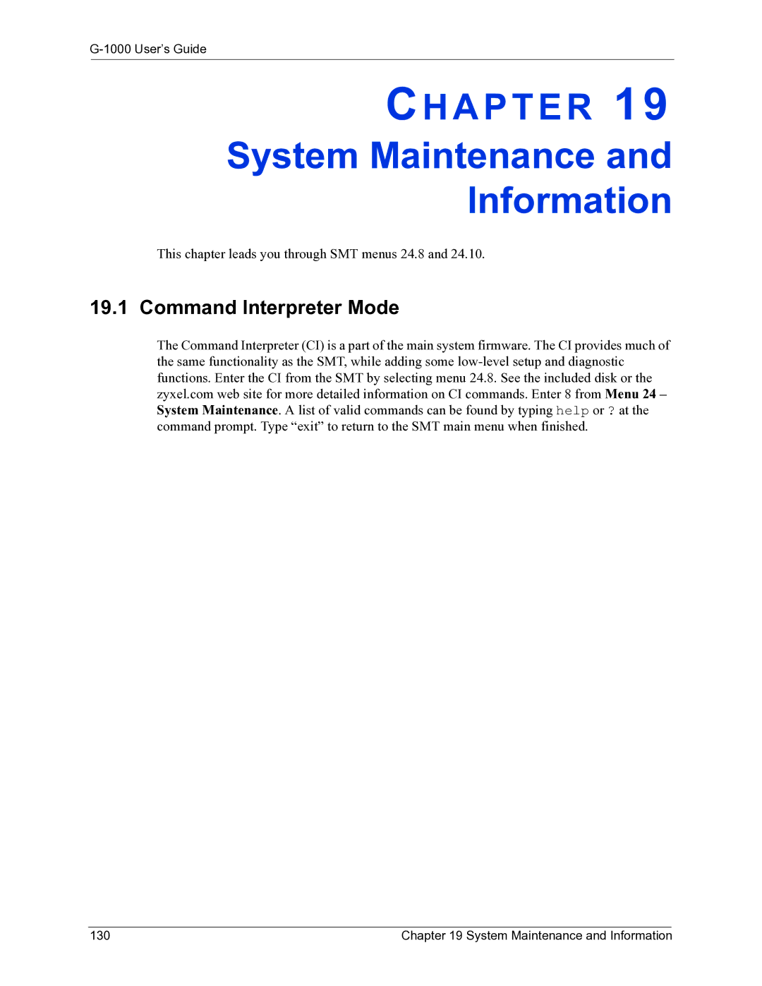 ZyXEL Communications G-1000 System Maintenance Information, Command Interpreter Mode, System Maintenance and Information 