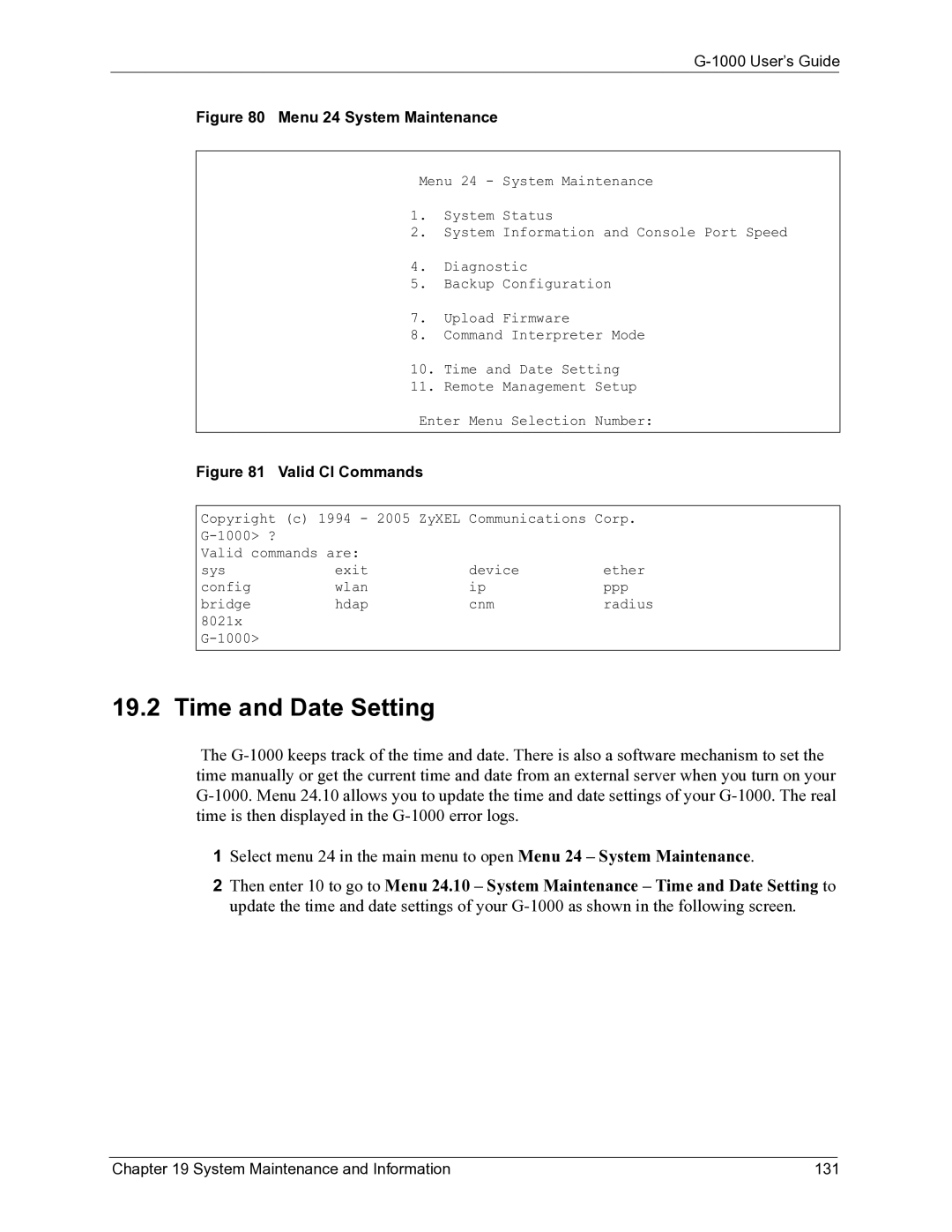 ZyXEL Communications G-1000 manual Time and Date Setting, System Maintenance and Information 131 