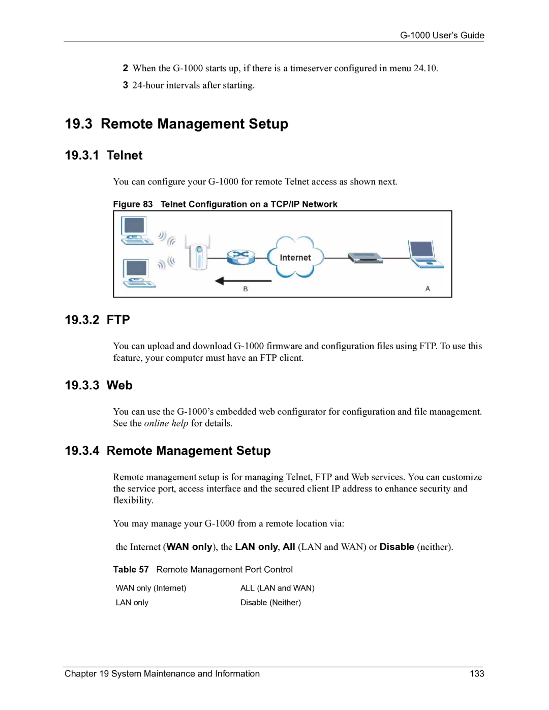 ZyXEL Communications G-1000 manual Remote Management Setup, Telnet, 19.3.2 FTP, 19.3.3 Web 