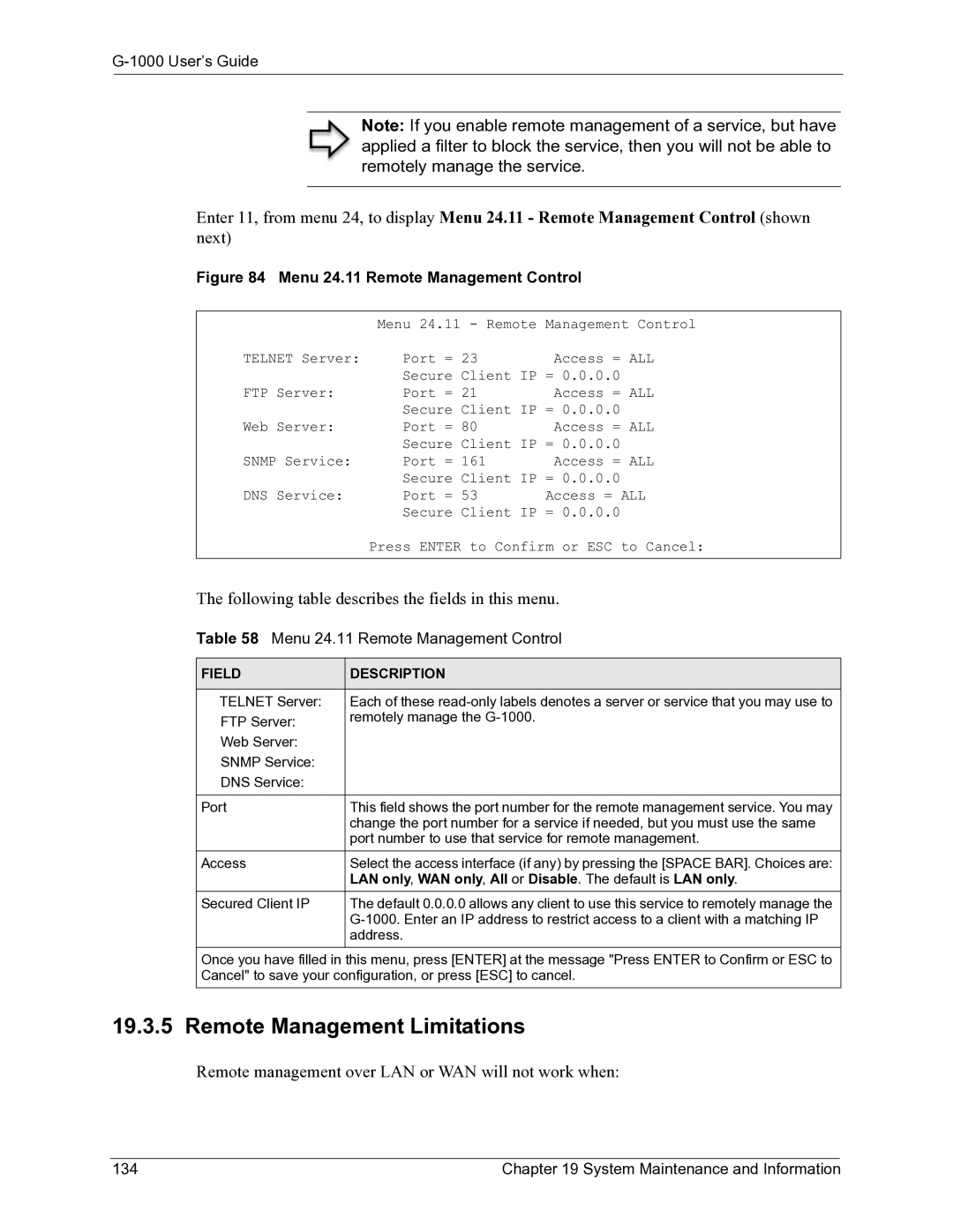 ZyXEL Communications G-1000 manual Menu 24.11 Remote Management Control, System Maintenance and Information 