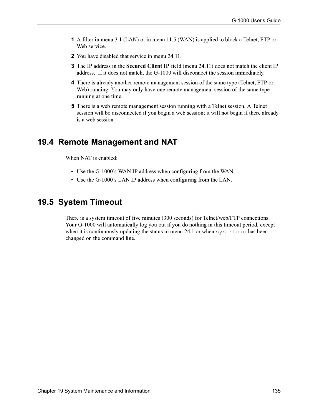 ZyXEL Communications G-1000 manual Remote Management and NAT, System Timeout, System Maintenance and Information 135 