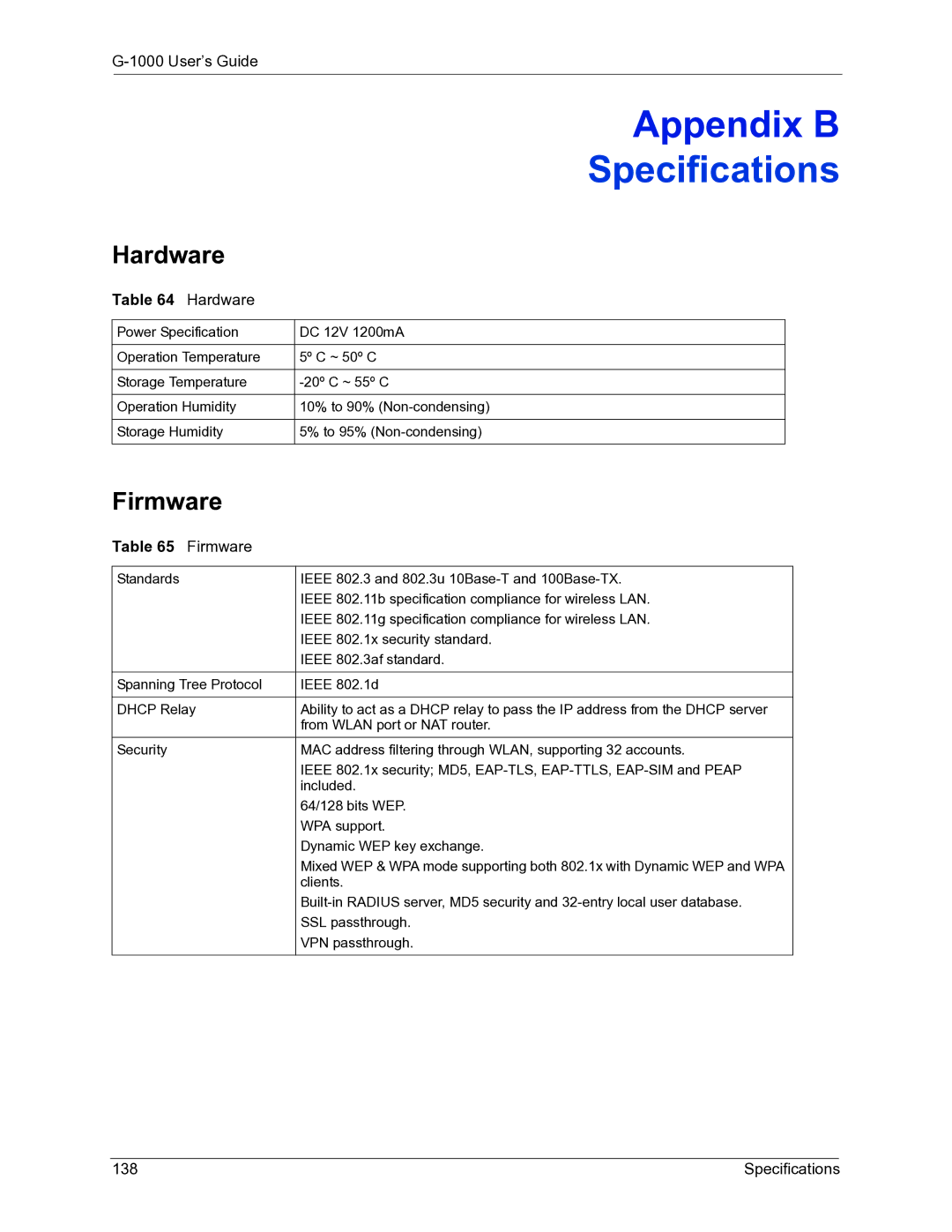 ZyXEL Communications G-1000 manual Hardware, Firmware, Specifications 