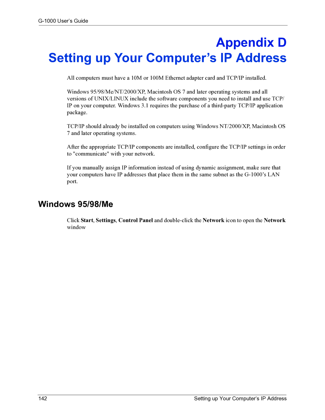 ZyXEL Communications G-1000 manual Windows 95/98/Me, Setting up Your Computer’s IP Address 