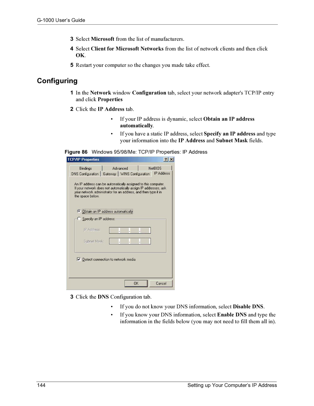 ZyXEL Communications G-1000 manual Configuring, Setting up Your Computer’s IP Address 