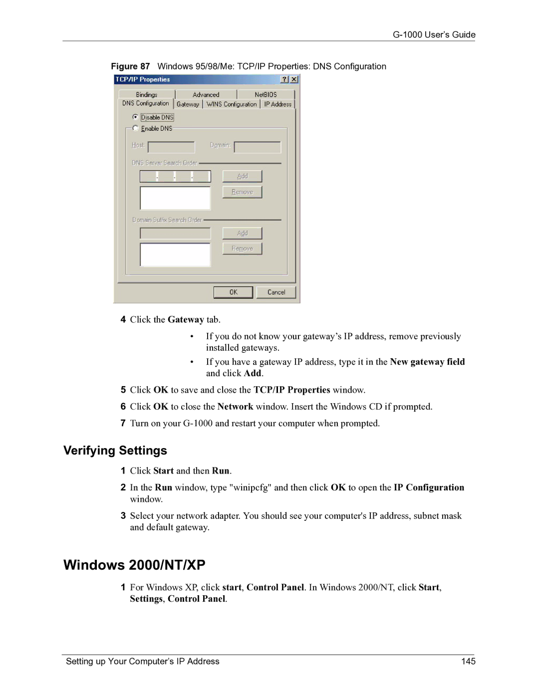 ZyXEL Communications G-1000 manual Windows 2000/NT/XP, Verifying Settings, Setting up Your Computer’s IP Address 145 