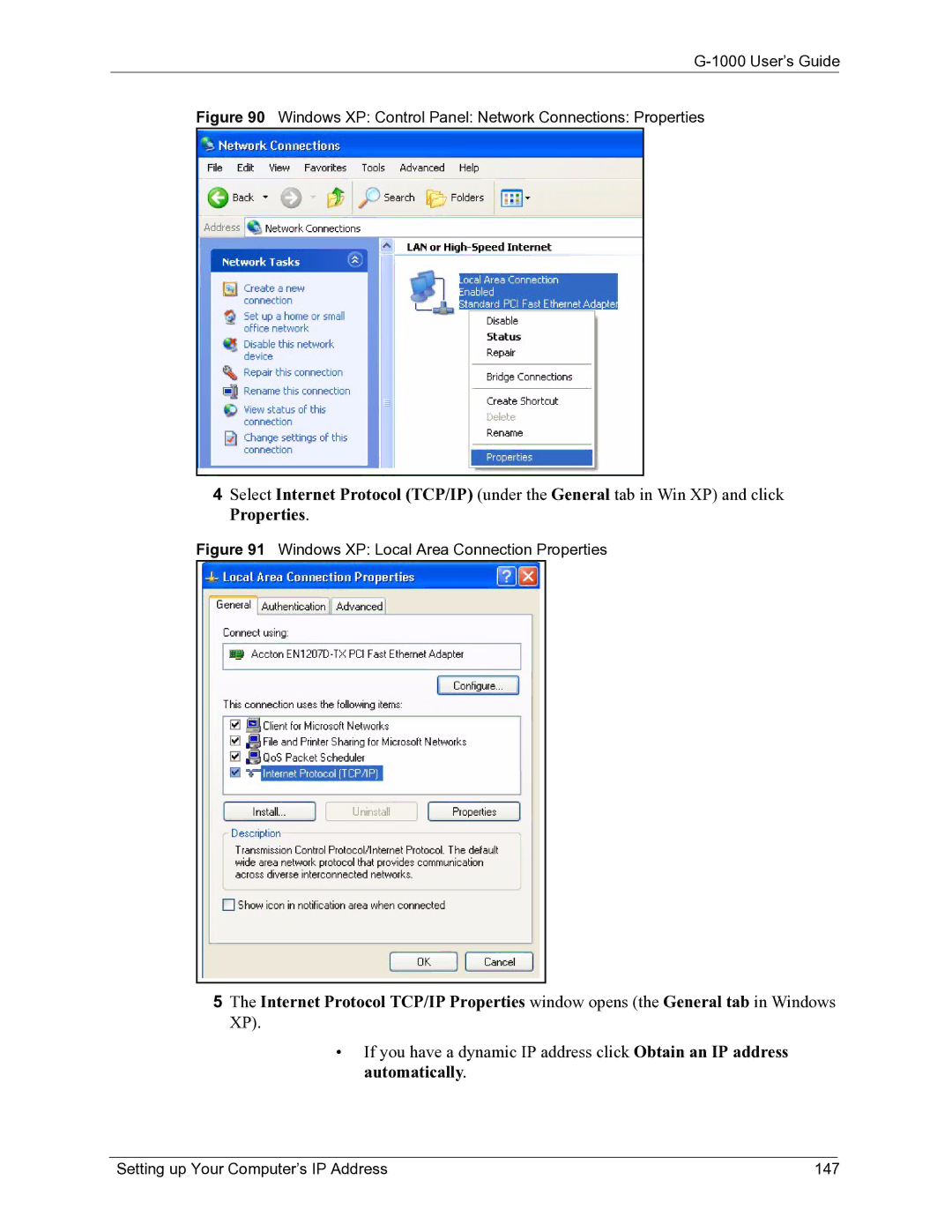 ZyXEL Communications G-1000 manual Windows XP Control Panel Network Connections Properties 