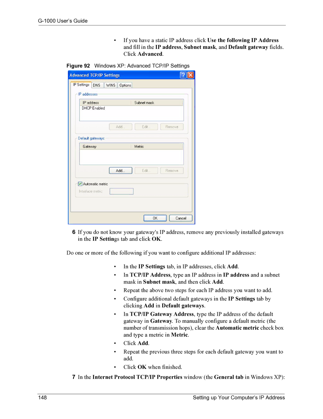 ZyXEL Communications G-1000 manual Windows XP Advanced TCP/IP Settings, Setting up Your Computer’s IP Address 