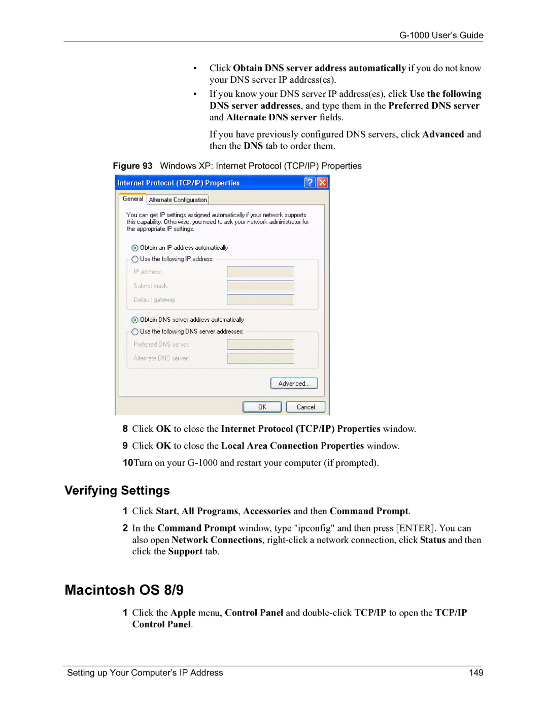 ZyXEL Communications G-1000 manual Macintosh OS 8/9, Setting up Your Computer’s IP Address 149 